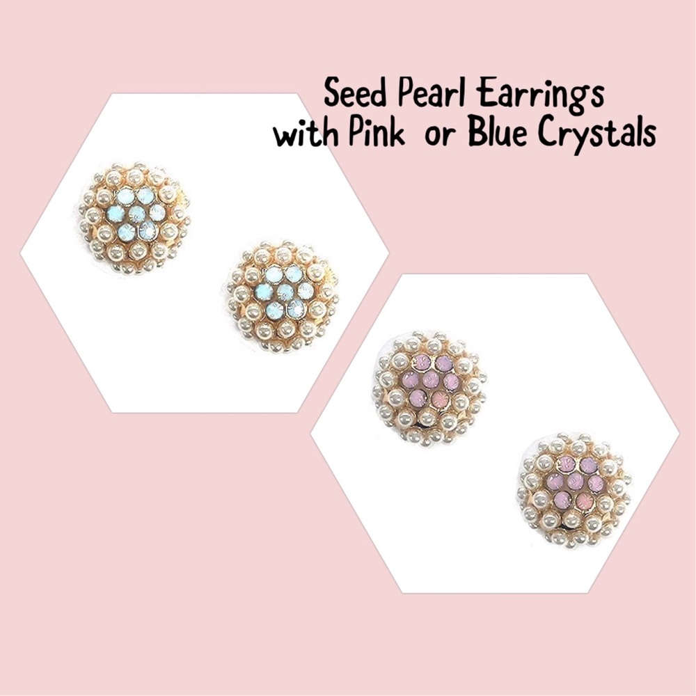 Dainty Seed Pearl Earrings with Pink (or Blue) Crystals-Boutique